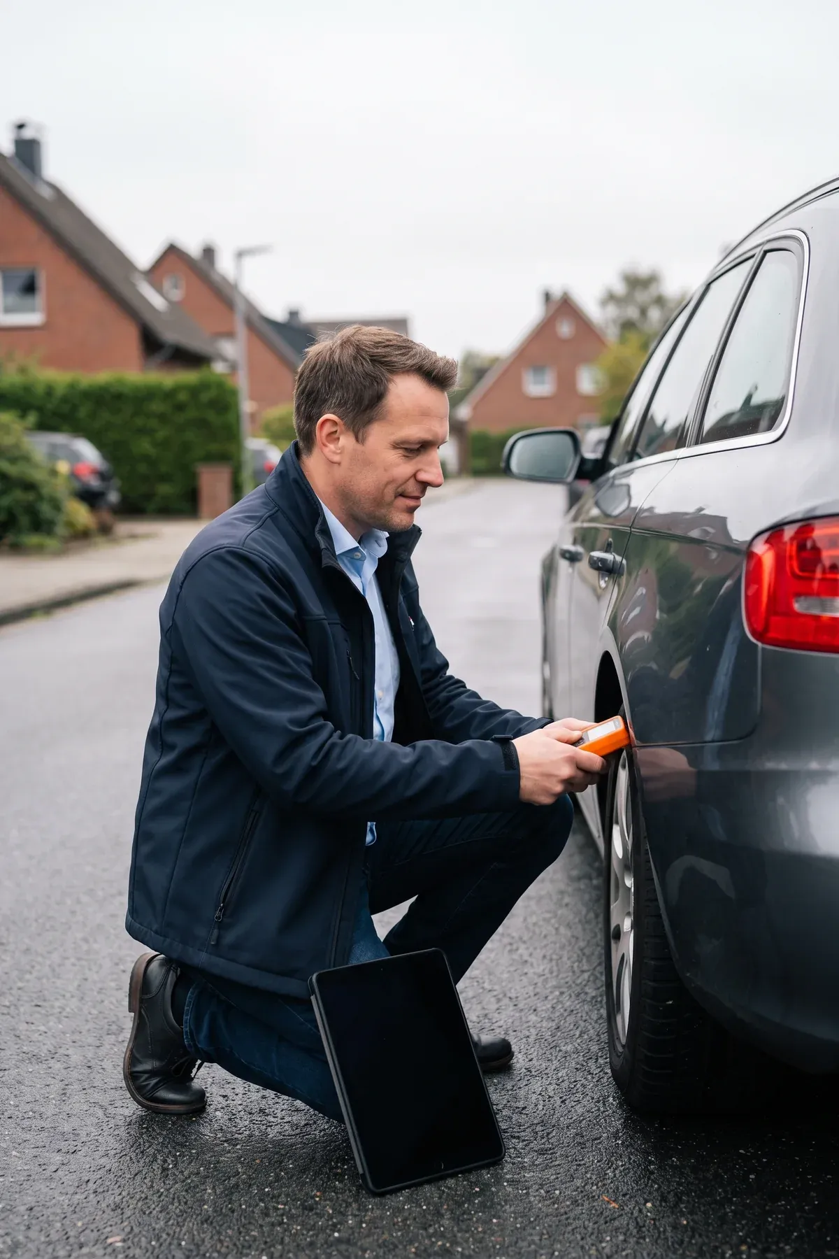 Sachverständiger prüft mit einem Lackschichtdickenmessgerät die Tür eines Fahrzeugs am Straßenrand