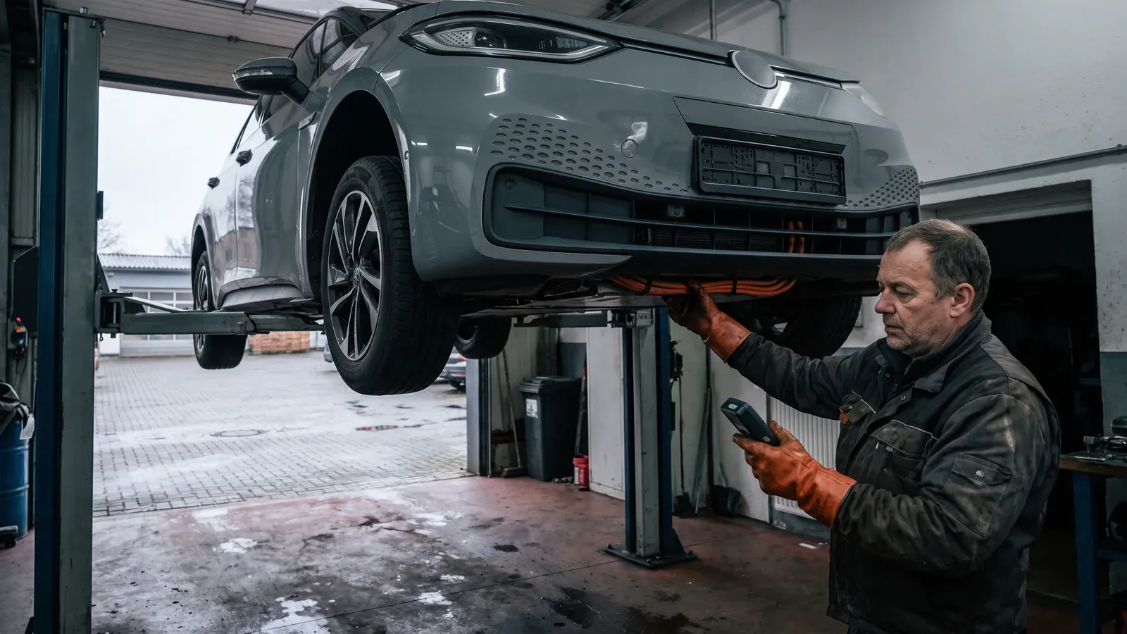 Sachverständiger prüft mit Isolierhandschuhen das Batteriegehäuse eines angehobenen Elektroautos in einer Werkstatt.