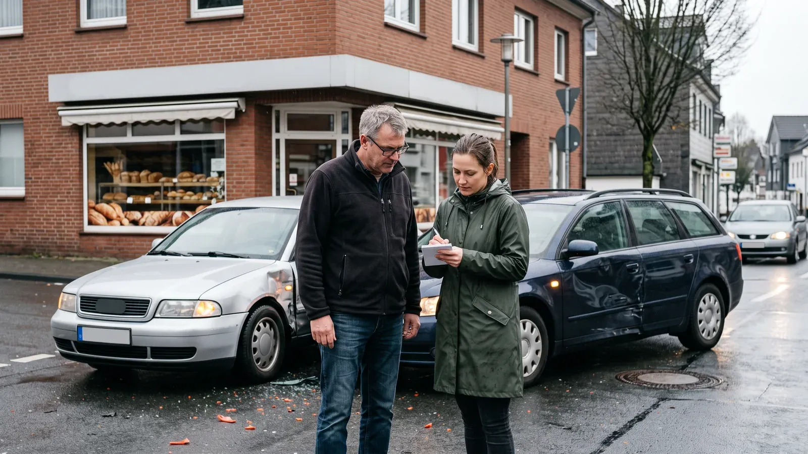 Zwei Fahrer tauschen nach einem Zusammenstoß an einer Kreuzung ihre Daten auf einem Notizblock aus