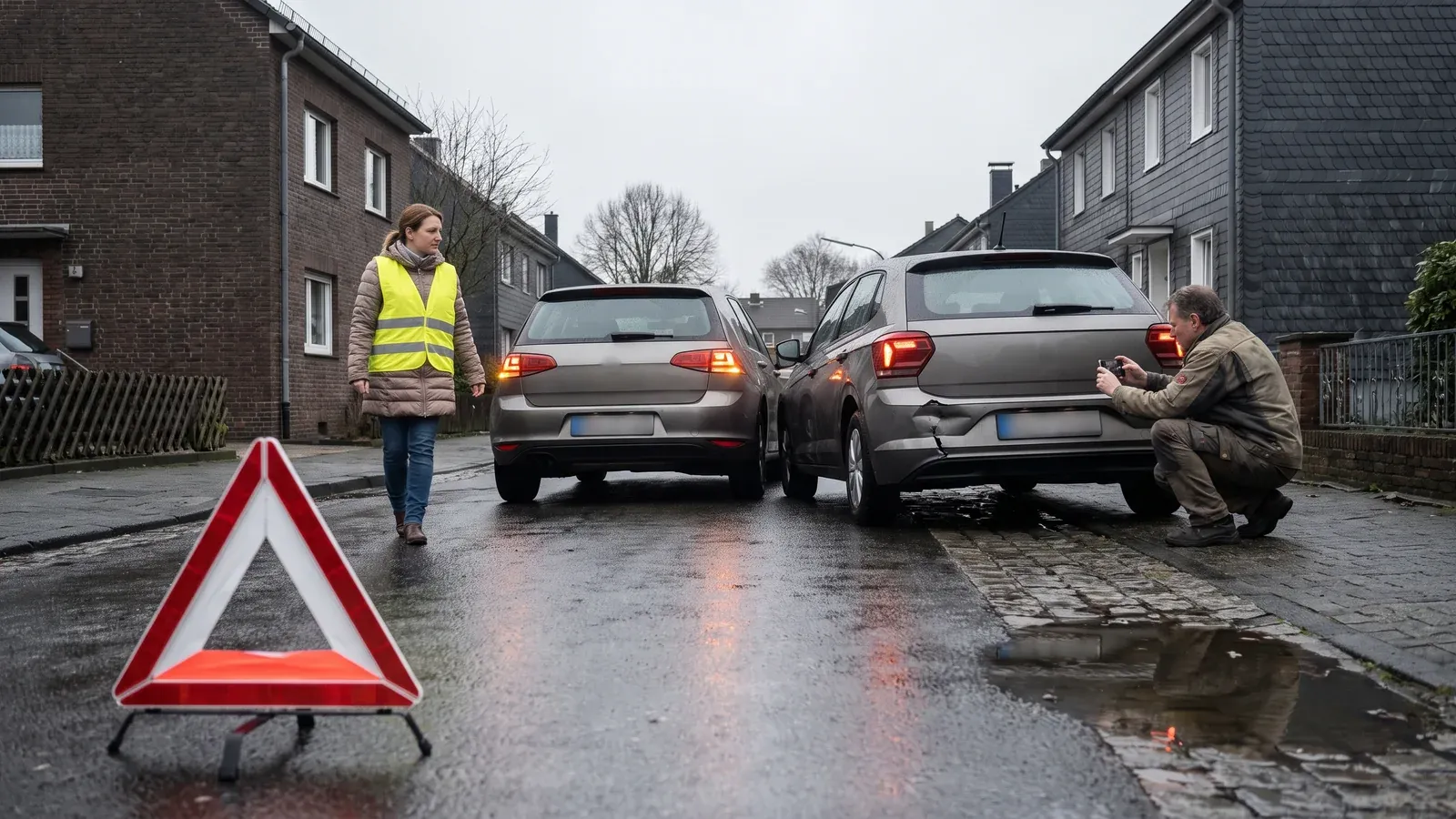 Frau in Warnweste sichert Unfallstelle mit Warndreieck, dahinter zwei beschädigte Autos